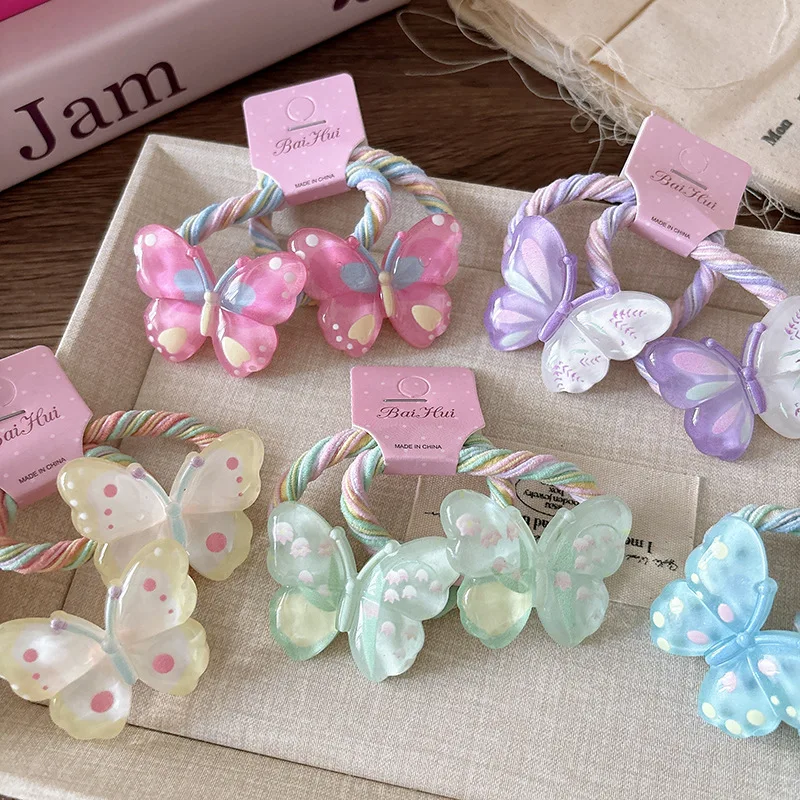 2pcs/set Summer Candy Color Cartoon Hair Bands for Kids Butterfly Ponytail Holders Elastic Hair Ties Kawaii Hair Accessories