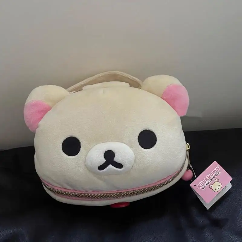 Kawaii Cute Rilakkuma Cosmetic Bag Plush Little Bear Head Elliptical Storage Toiletry Bag Portable Cartoon Ins Gift For Girls