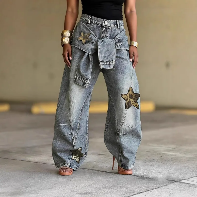 Women Vintage Washed Baggy Jeans Detachable Denim Wrap Sash Leopard Star Wide Leg Loose Y2K Streetwear Oversized Denim Trousers