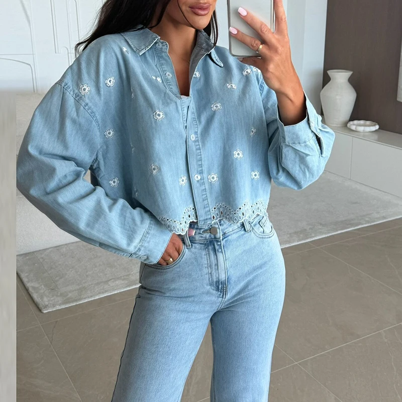 

Новая винтажная женская джинсовая рубашка с длинными рукавами и кружевными вставками, однобортная, повседневная, с отложным воротником, для офиса и отдыха