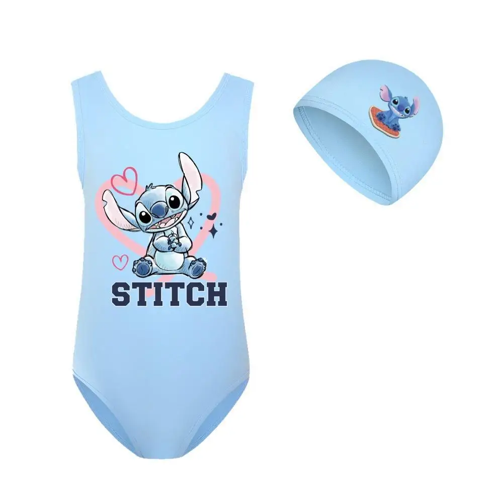Disney Stitch Girl Swimsuit Swim Cap Set for Girl One-Piece Swimwear Kid Stitch Princess Swimsuit Beachwear Children 2-14 Years
