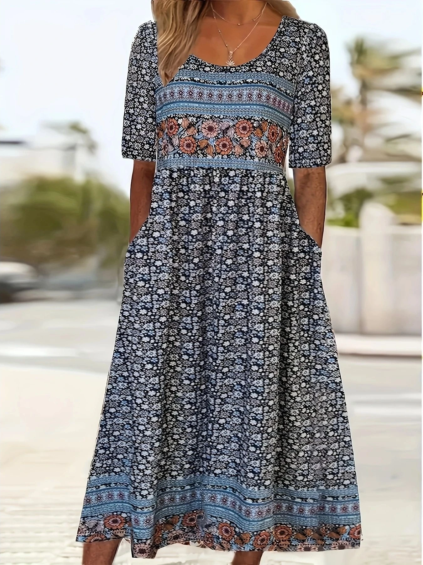 

Bohemian Print Dress Short Sleeve Long A-Line Skirt Casual Daily Wear Polyester Fabric Commute Style Summer New Arrival
