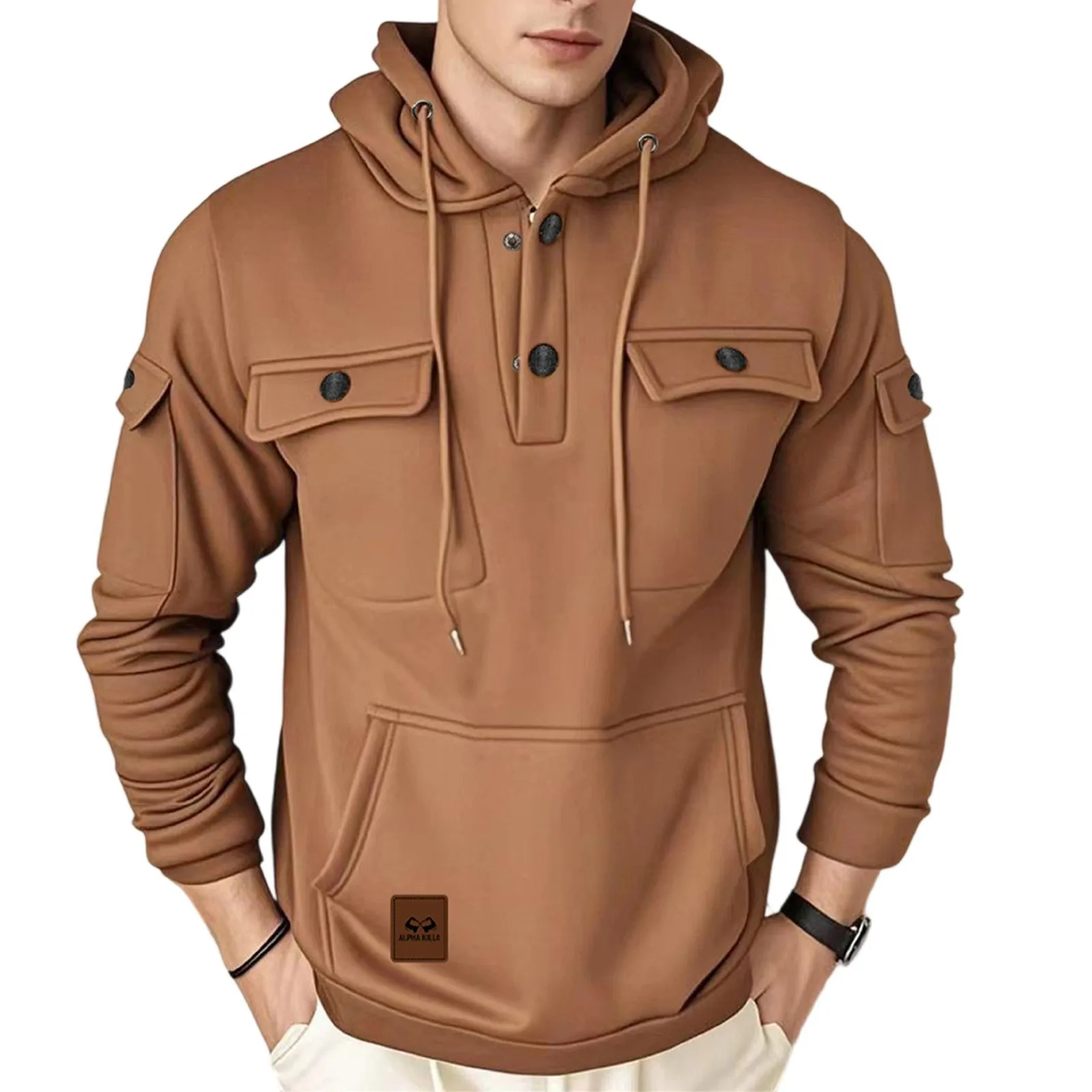 خريف 2025 قميص غير رسمي بقلنسوة وسحاب متعدد الجيوب للرجال والنساء مقاس كبير بلوفر فضفاض على الموضة