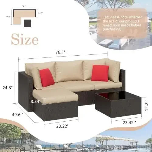 5 Pieces Patio Furniture Sets Outdoor All-Weather Sectional Patio Sofa Set PE Rattan Manual Weaving Wicker Patio