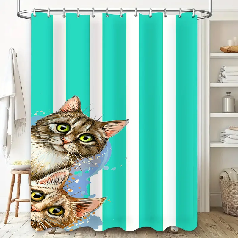 Green Striped Shower Curtain with Feline Print for Bathroom Decor Waterproof Fabric DIY Home Improvement Ideas #21370458698-ALIE