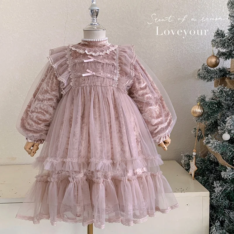 Girls Ball Gown Autumn Winter New Children Wedding Party Piano Outfit  Baby Kid Fashion Thicken Velvet Lace Photography Dress