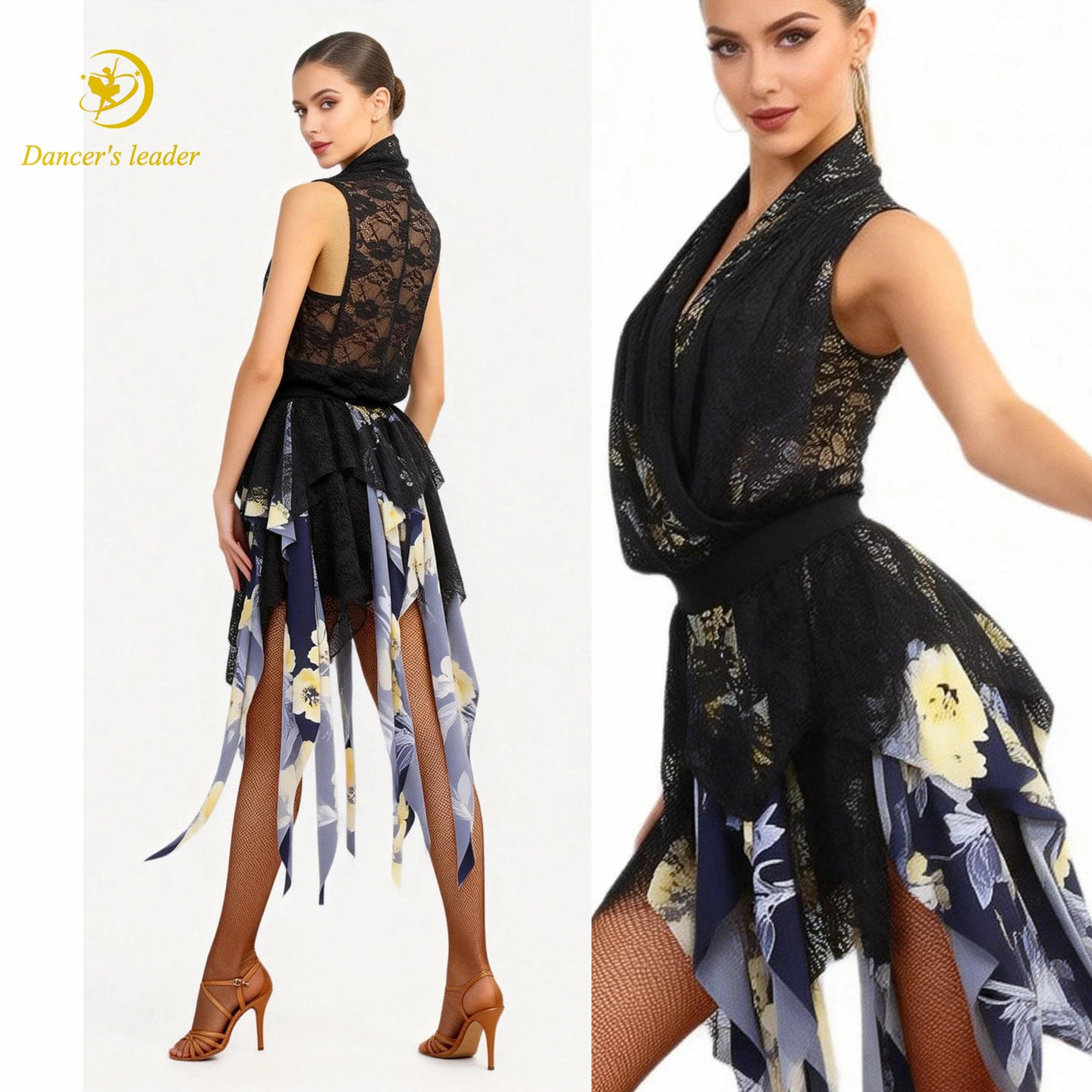 

Latin Dance Adult Dress High-End Black Pool Tango Women's Professional Clothing Lace Collision Irregular Practice Skirt