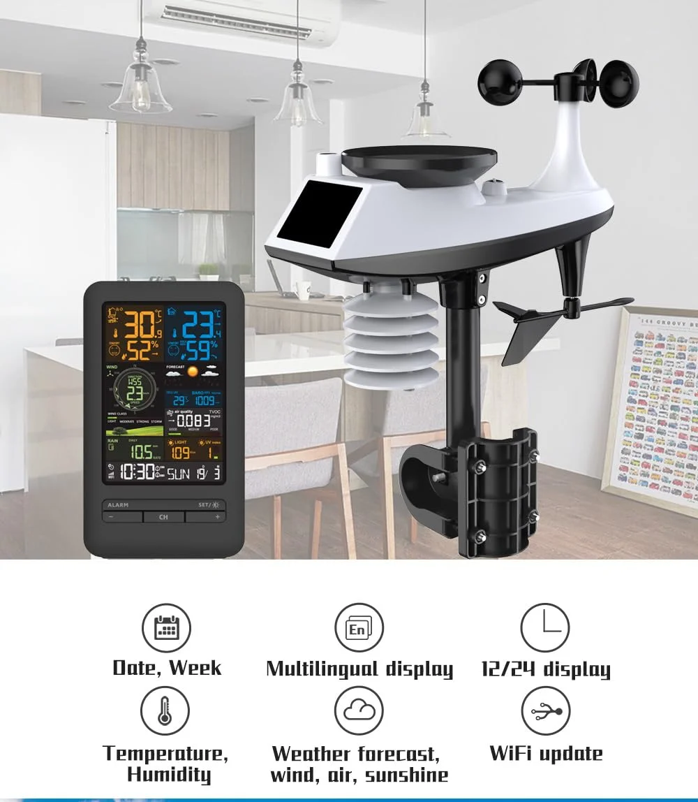 محطة الطقس واي فاي الذكية تويا المنزل الرقمية اتجاه سرعة الرياح الأمطار ضوء مؤشر جودة الهواء درجة الحرارة الرطوبة