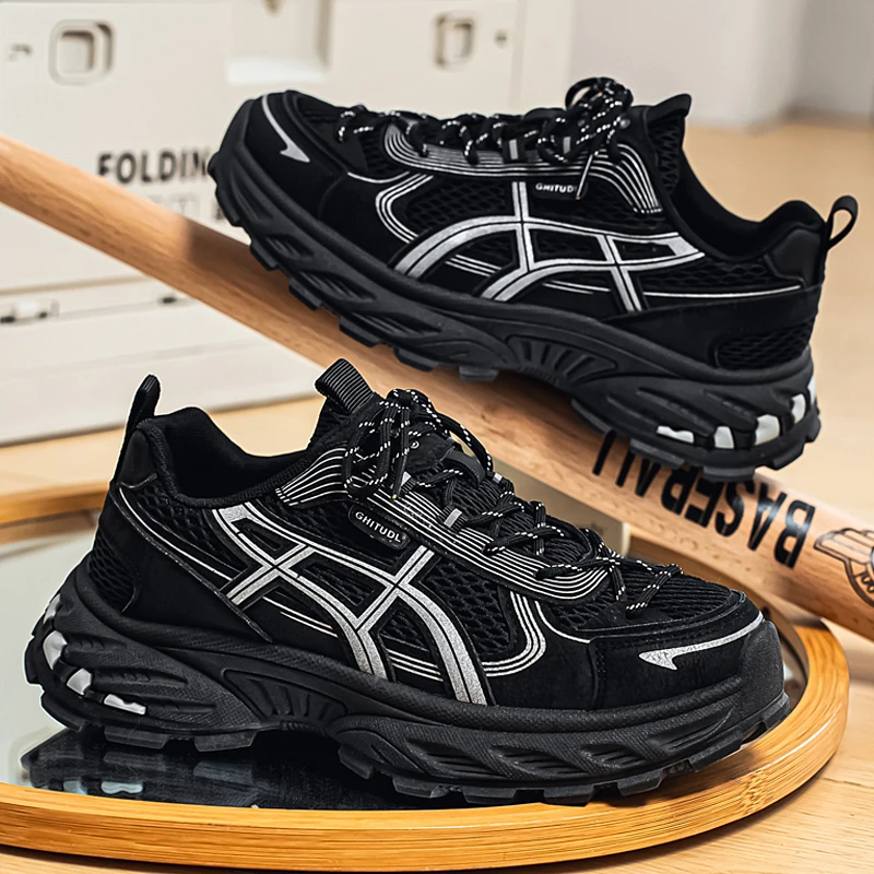 Men Grey Mesh Chunky Dad Shoes Breathable Non Slip Thick Lug Sole Shock Absorbing Outdoor Walking Casual Sports Sneakers