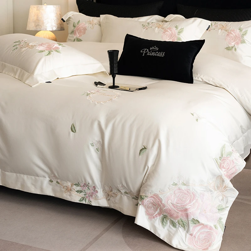 100% Long-Staple Cotton Chic Flowers Embroidery Bedding Set Double Queen King 4Pcs Soft Duvet Cover Bed/Fitted Sheet Pillowcases