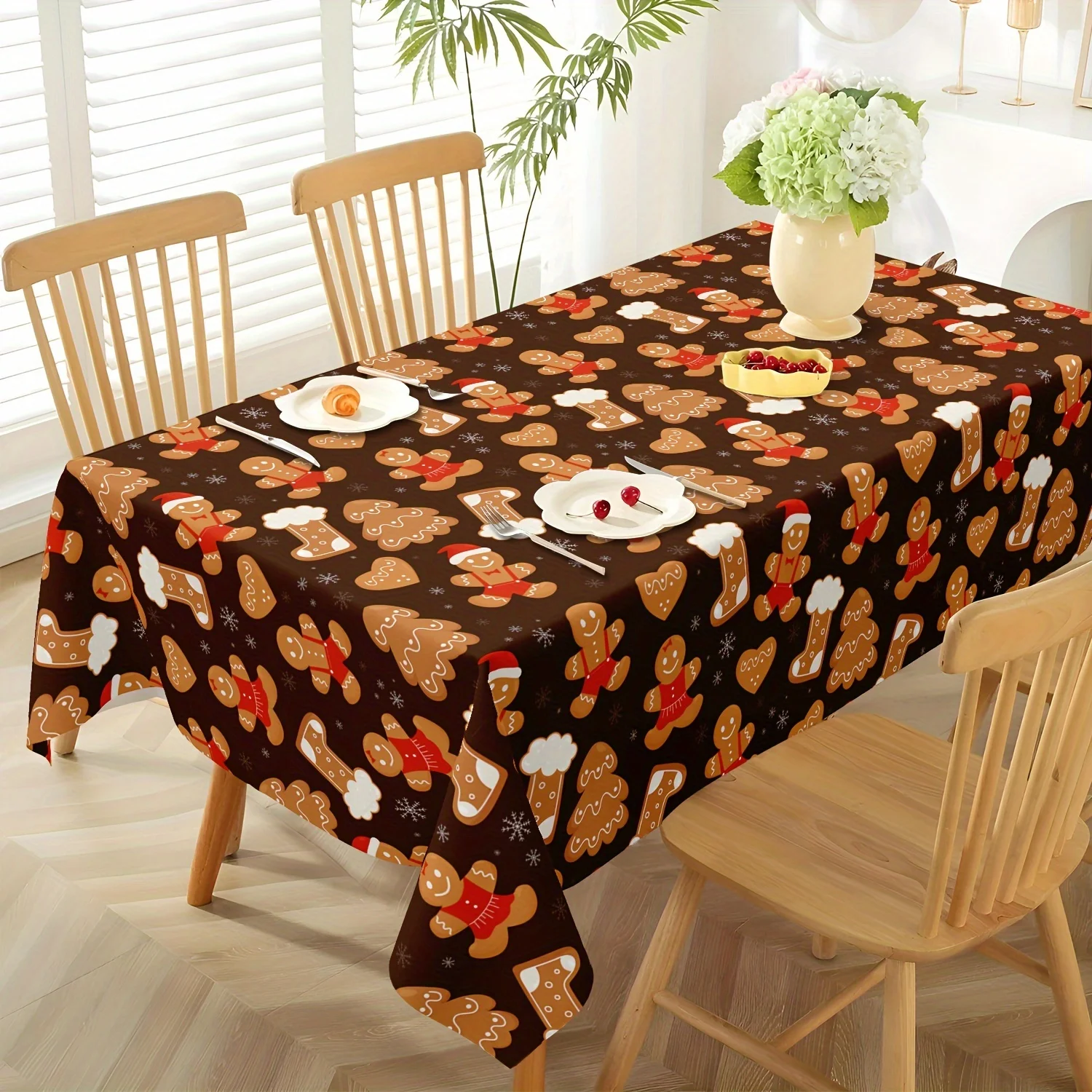 Christmas Gingerbread Man Snowflake Tablecloth for Table Decor Winter Kitchen Dining Polyester Table Cloth Christmas Decorations