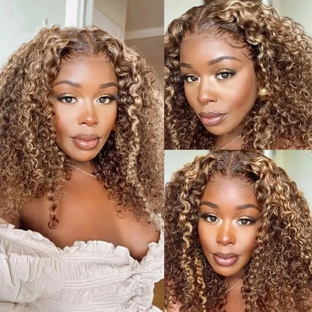 200% Density Honey Blonde Kinky Curly Bob Lace Front Wigs Pre-Plucked 13x4 Lace Frontal Wigs Highlight Wig Curly Human Hair Wigs