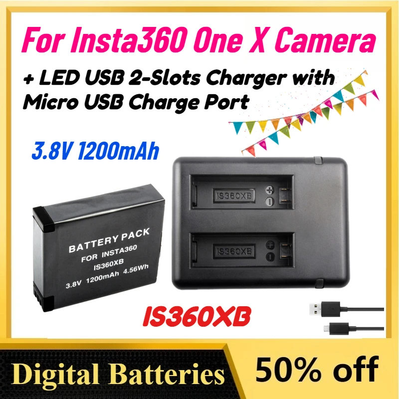 

3.8V 1200mAh IS360XB Battery for Insta360 One X Camera Replacement Battery + LED USB 2-Slots Charger with Micro USB Charge Port