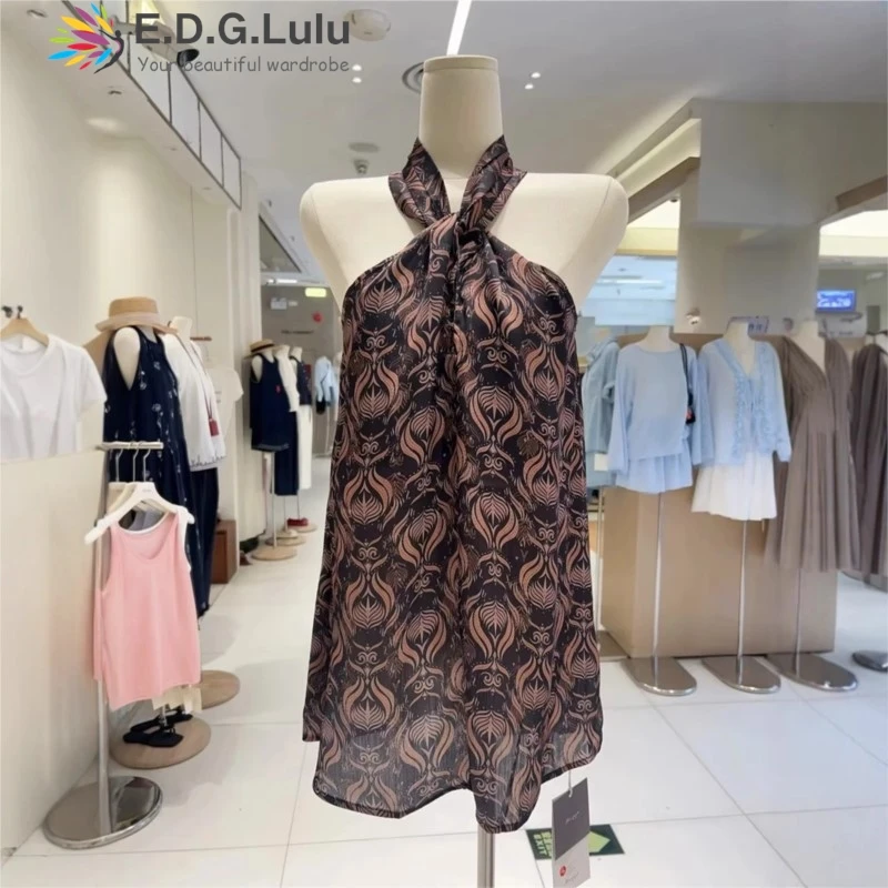 

EDGLuLu Leisure Beach Vacation Retro Butterfly Print Satin Summer Dress Woman 2025 Halter Sleeveless Loose Mini Dress 0702
