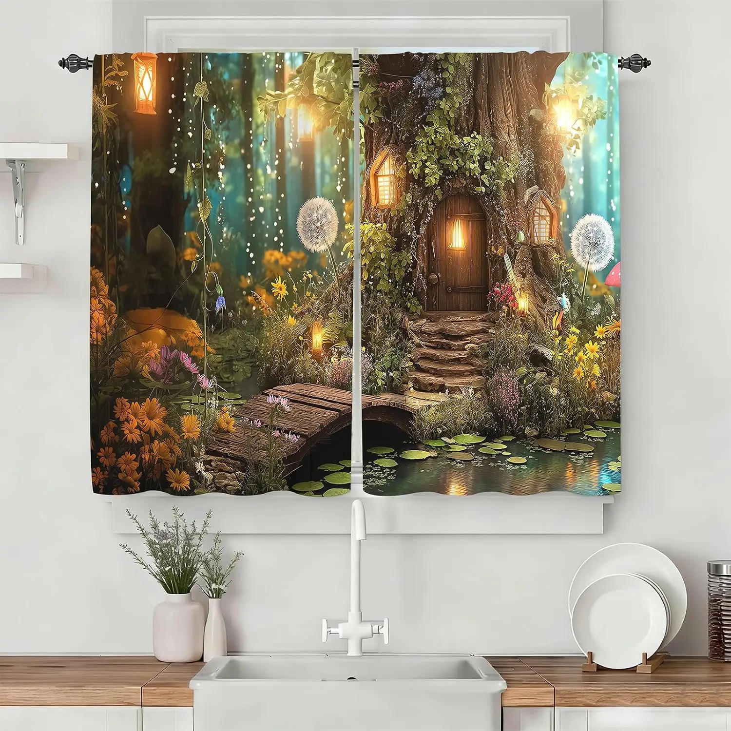 2pcs Enchanted Forest Curtain Set Watercolor Nature Style Window Drapery Magical Cottagecore Fairy Tale Home Decor Curtains