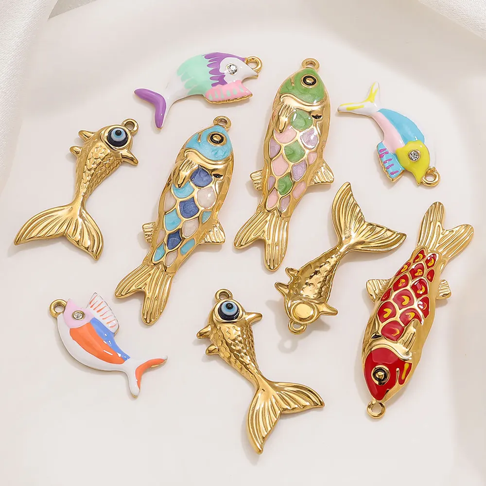 

2-3pcs Stainless Steel Cute Golden Enamel Fish Charms Bohe DIY Jewelry Making Accessories for Women Necklace Earrings Wholesale