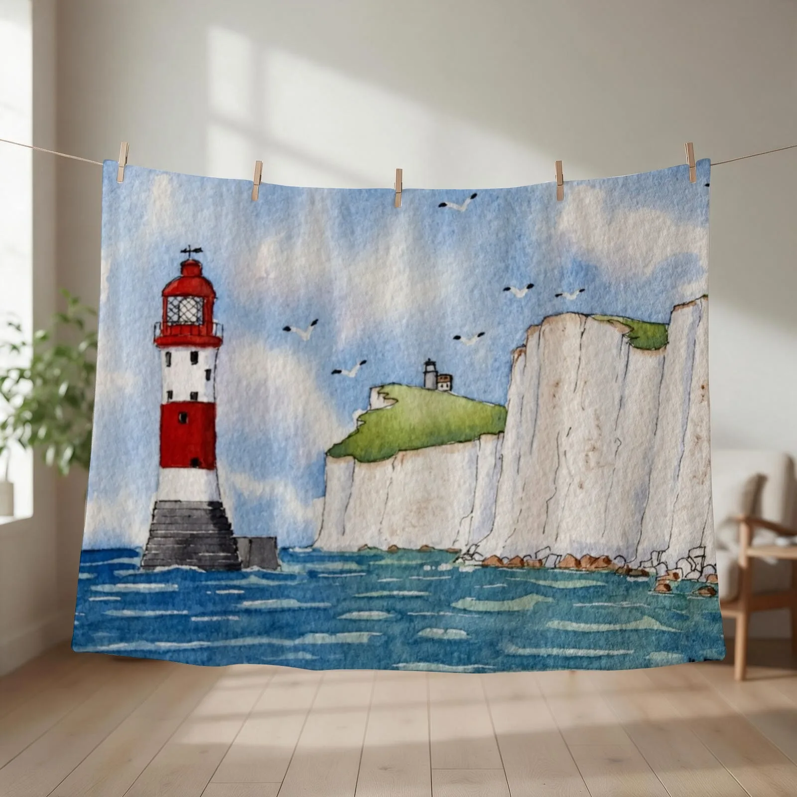 Beachy Head and Belle Tout Lighthouses. Throw Blanket Hairy Bed covers for babies Retros Blankets