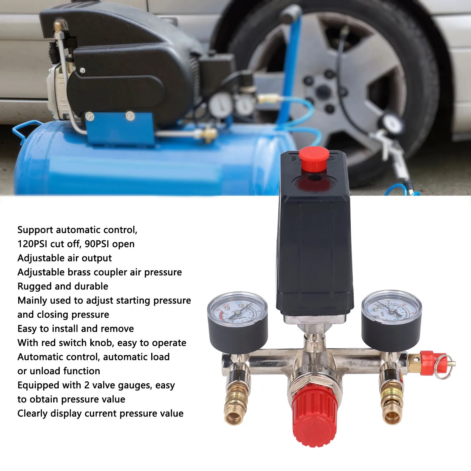 

90-120PSI Air Compressor Pressure Switch Manifold Regulator Gauges Air Compressor Pressure Switch Control 100-240V Copper
