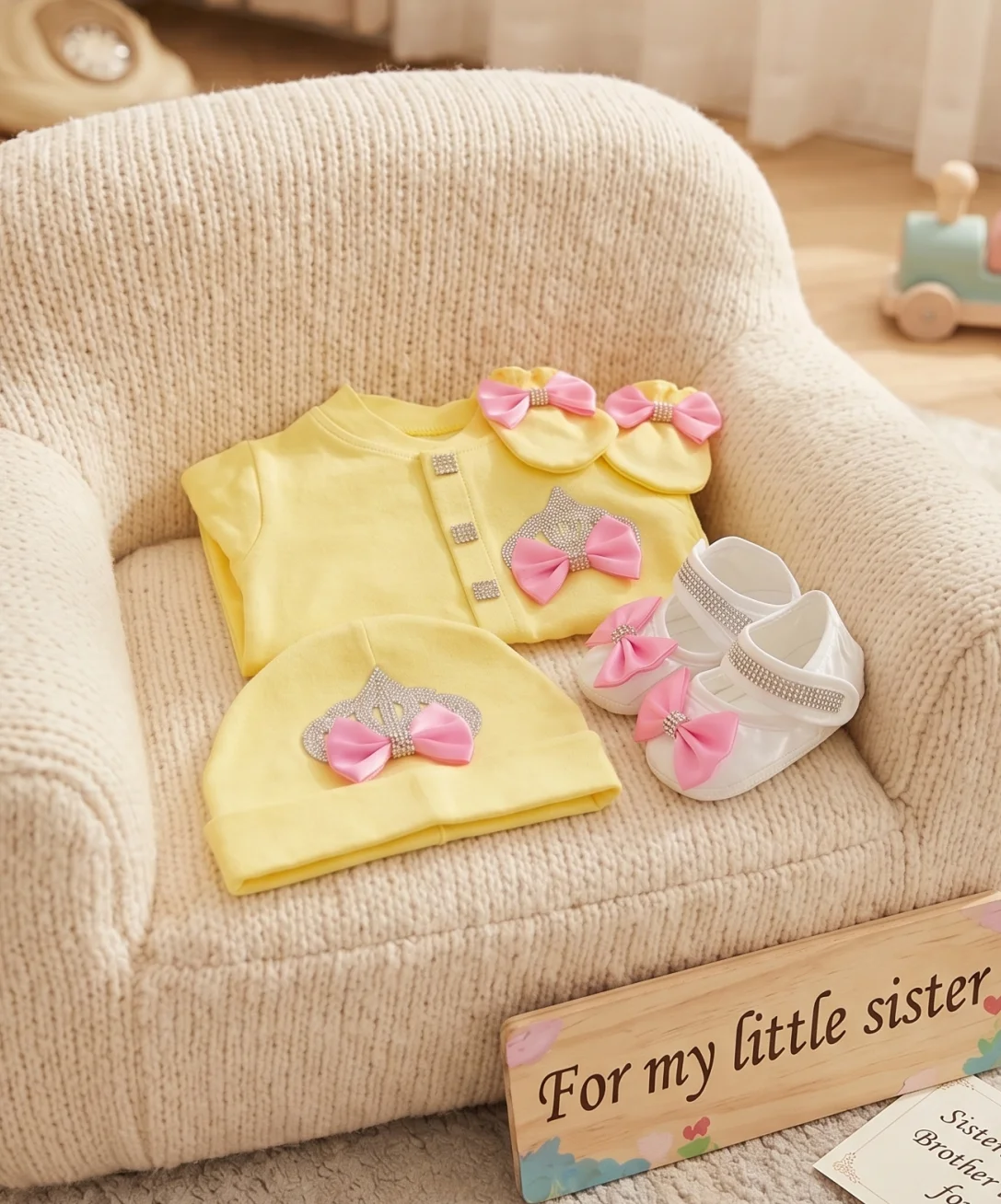 Entzückendes Neugeborenen-Baby-Mädchen Prinzessin Gelbe Krone Schleife Strampler mit Füßen 3-teiliges Set Babyparty Geburtstag Foto-Outfit Geschenkbox – Detail 6