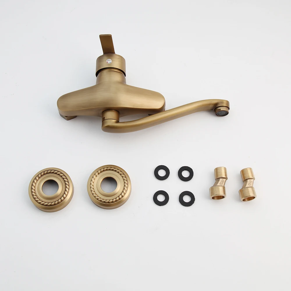 Kemaidi Antiek Messing Bad Basin Sink Mengkraan Enkel Handvat Wall Mounted 360 Gedraaid Badkamer Basin Sink Mengkraan