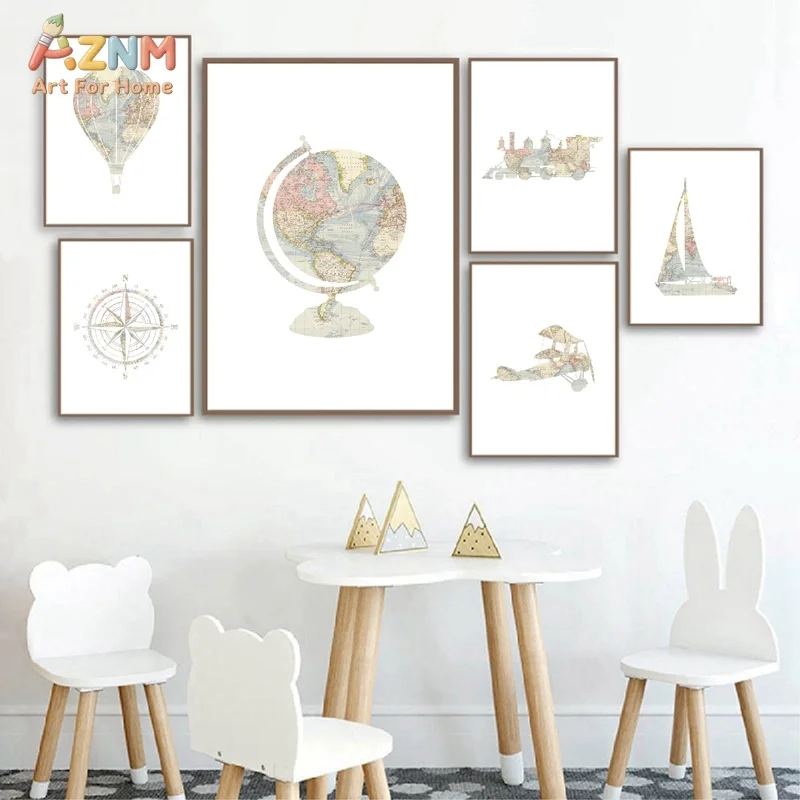 AZNM Vintage Travel Adventure Canvas Wall Art World Globe Hot Air Balloon Train Plane Sailboat Compass Neutral Nursery Unframed