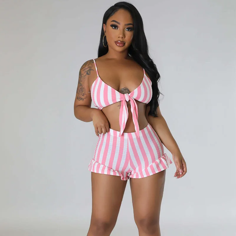 

Sexy Knit Rib Striped Two Pieces Sets Summer Outfits for Women 2023 Swimsuit Spaghetti Strip Bow Bra and Shorts Beach Vacation