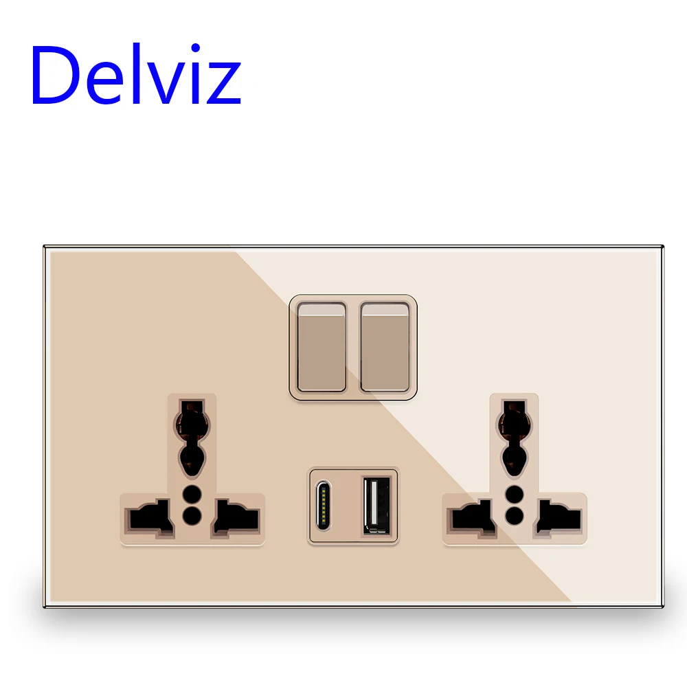 Delviz Universal Wall Power Outlet, 146mm*88mm golden Crystal glass panel,5V 2A USB Socket Ports, 18W Quick charge Type C Socket