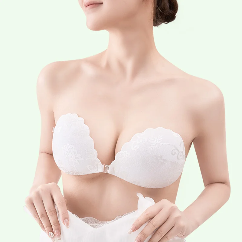 Women Silicone Seamless Bra Strapless Invisible Push Up Bra Reusable Nipple Cover Adhesive Nipple Tape Front Buckle Accessories