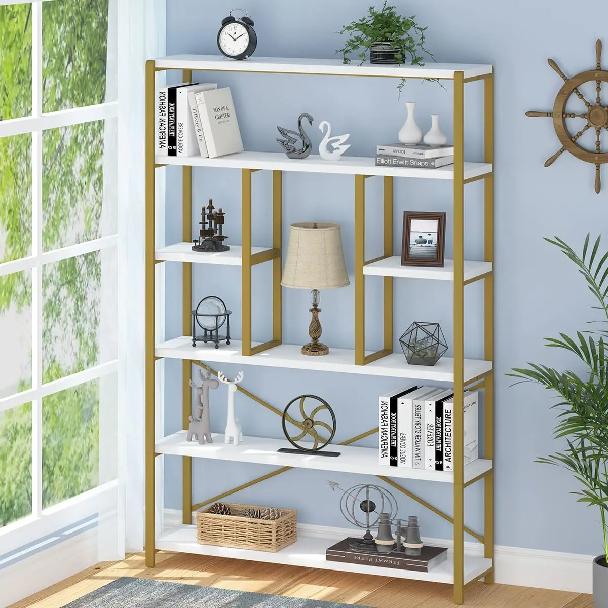 Gold Book Shelf Organizer, Large Tall 6 Tier Bookshelves Storage, Big Modern Metal Wooden 6 Shelf Bookcase, Farmhouse Open D