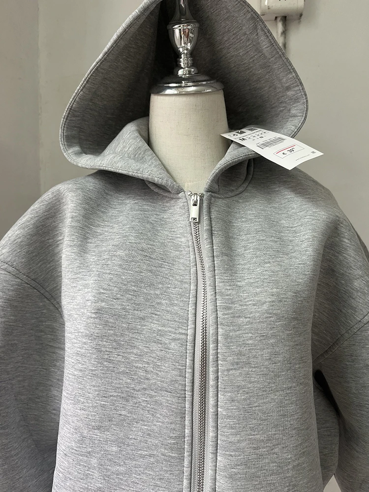 Jaqueta bomber de manga comprida feminina com capuz, casaco quente, bolso grande, jaqueta com zíper, casacos casuais, tops cinzentos, outono, inverno