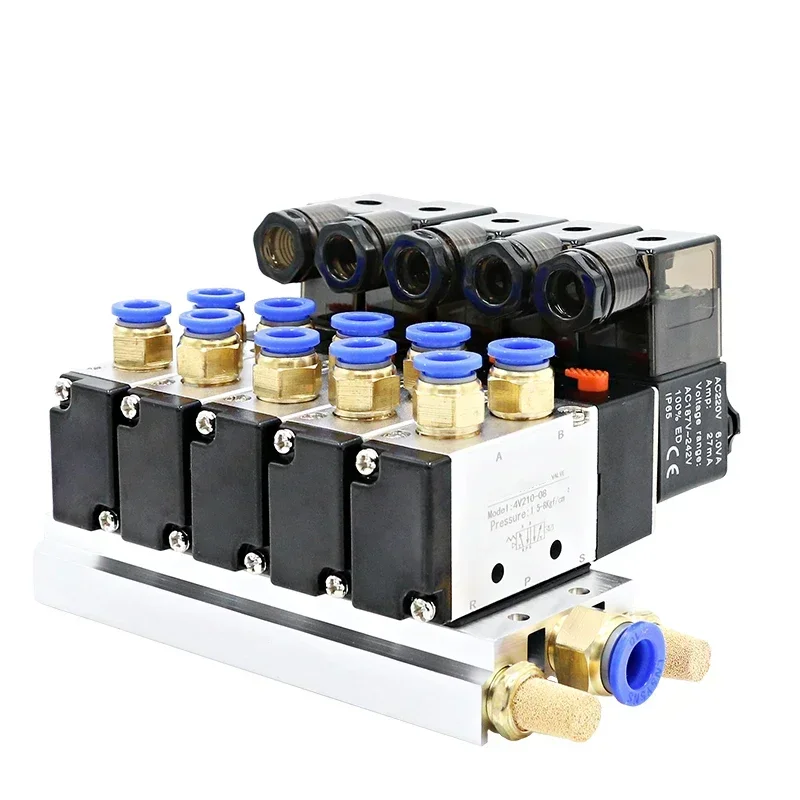 12/24V DC 110/220V AC Multi Option 4V210-08 Pneumatic Solenoid Valve Block With Muffler Fitting Base Manifold 2/3/4/6 Way