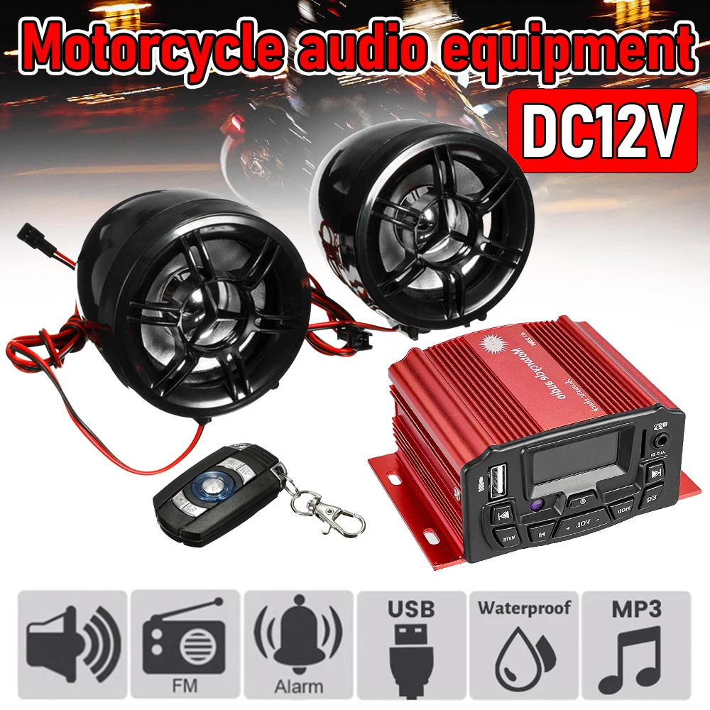

12В Мотоциклетная аудиосистема с красной подсветкой, SD, USB, MP3, Bluetooth, пультом ДУ, 2 динамиками, водонепроницаемая, FM-радио