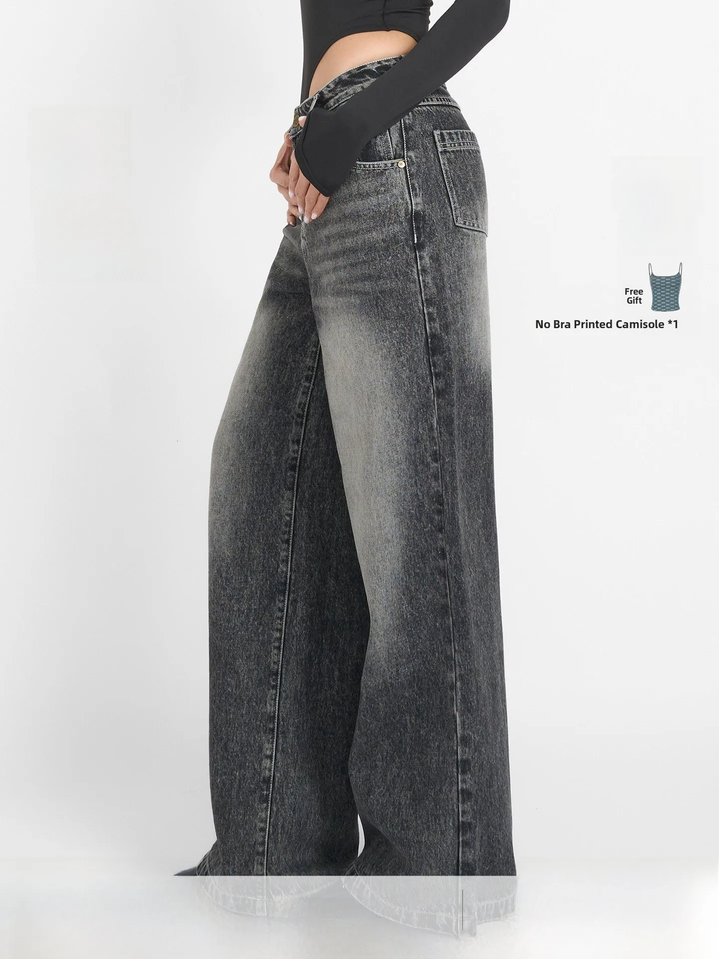 

ABMY American Retro Black Washed mid Waist Jeans Women's New Loose Slim Straight Wide Leg Pants Comfortable Cotton Denim
