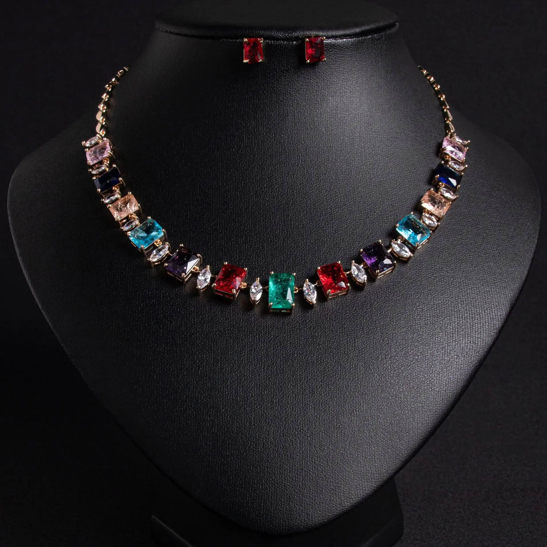 Women's Cold Style Simple Individual Jewelry Necklace with Colorful Zircon Red Earrings Set Collarbone Chain Accessory