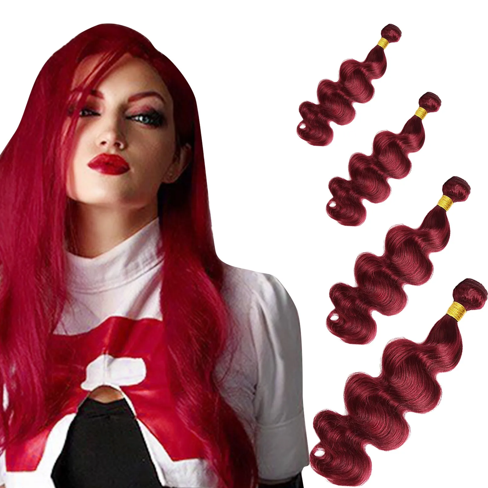 Red Body Wave Hair Bundle Long Straight Weave Extension Women Beauty Bouncy Curly Hairpiece For Styling Weave Bright Beauty T1
