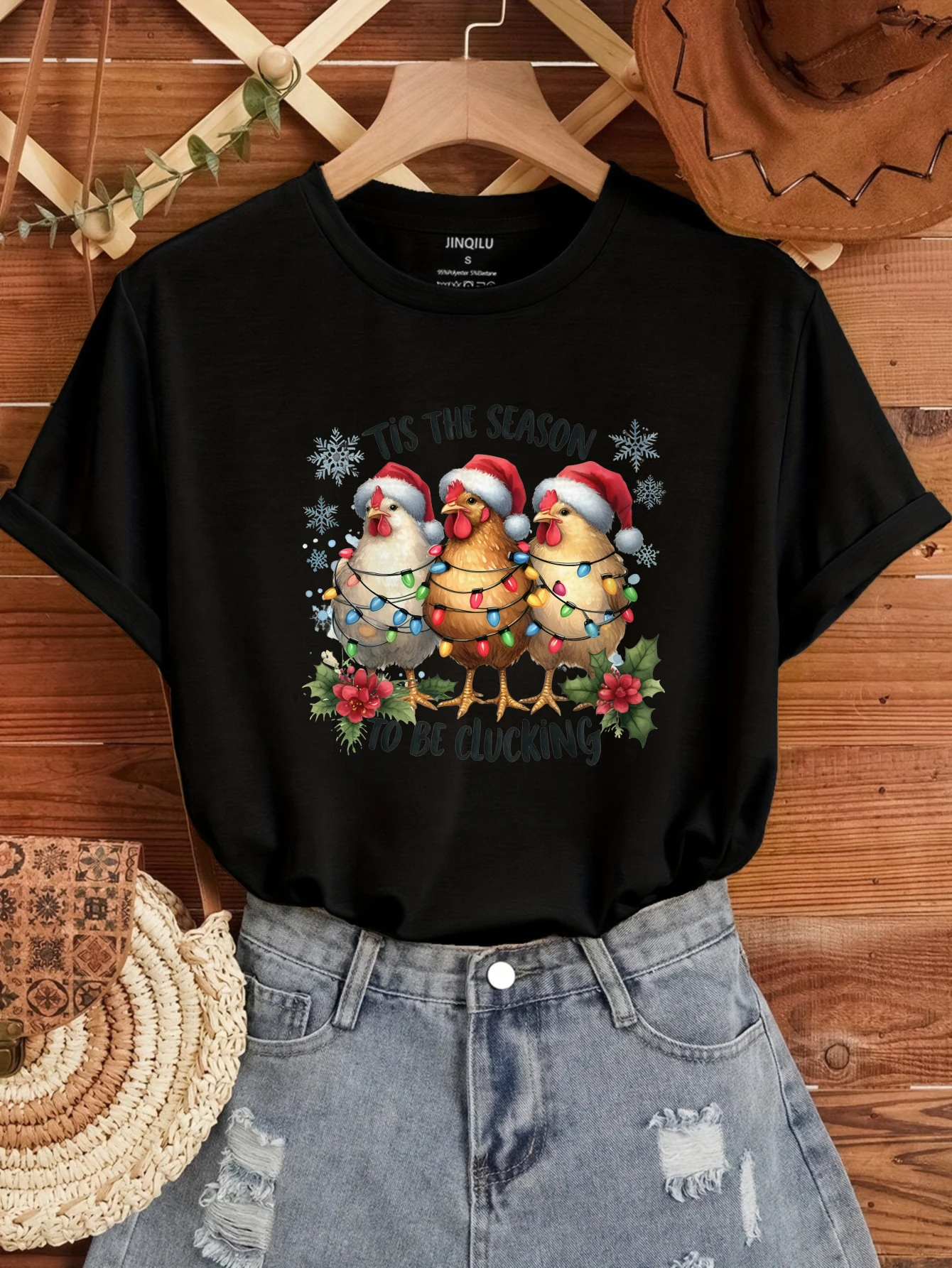 

2025 Three Christmas light graffiti prints Women's Junior Spring Summer Short Sleeve Broadcloth T-Shirt Lightweight Breathable