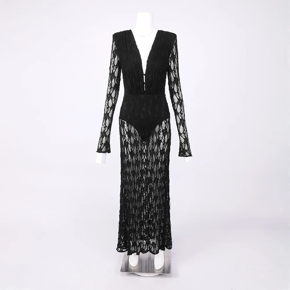 New Style Mysterious Glamour Black Lace Deep V Sheer Long Sleeves Maxi Dress Celebrity Party Evening Gown Cocktail Dress