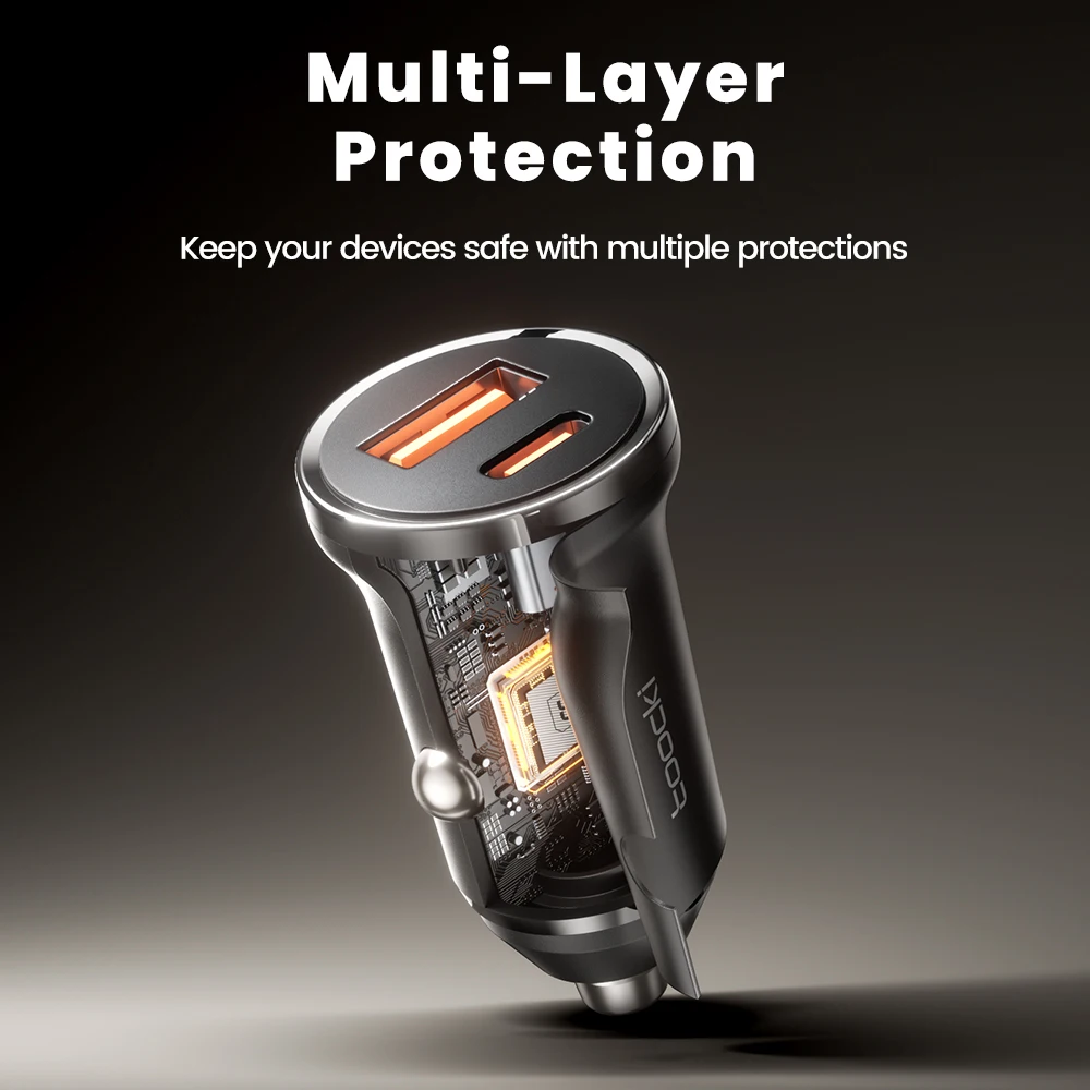 Toocki 30W Fast Charging Mini USB Car Charger PD3.0 QC3.0 Multi-Layer Protection USB Type C Car Phone Charger for iPhone Samsung