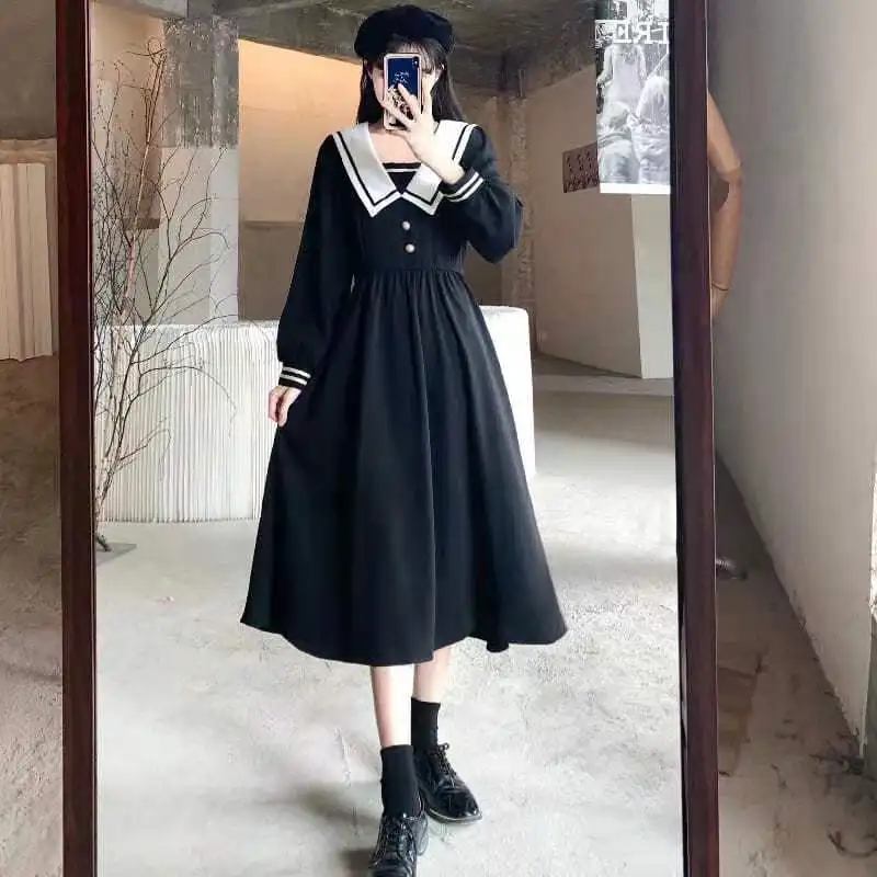 Spring Autumn New Navy Leader Long Sleeve Fashion Midi Dress Women High Street Contrast Color Dresses Elegant Sweet Vestidos