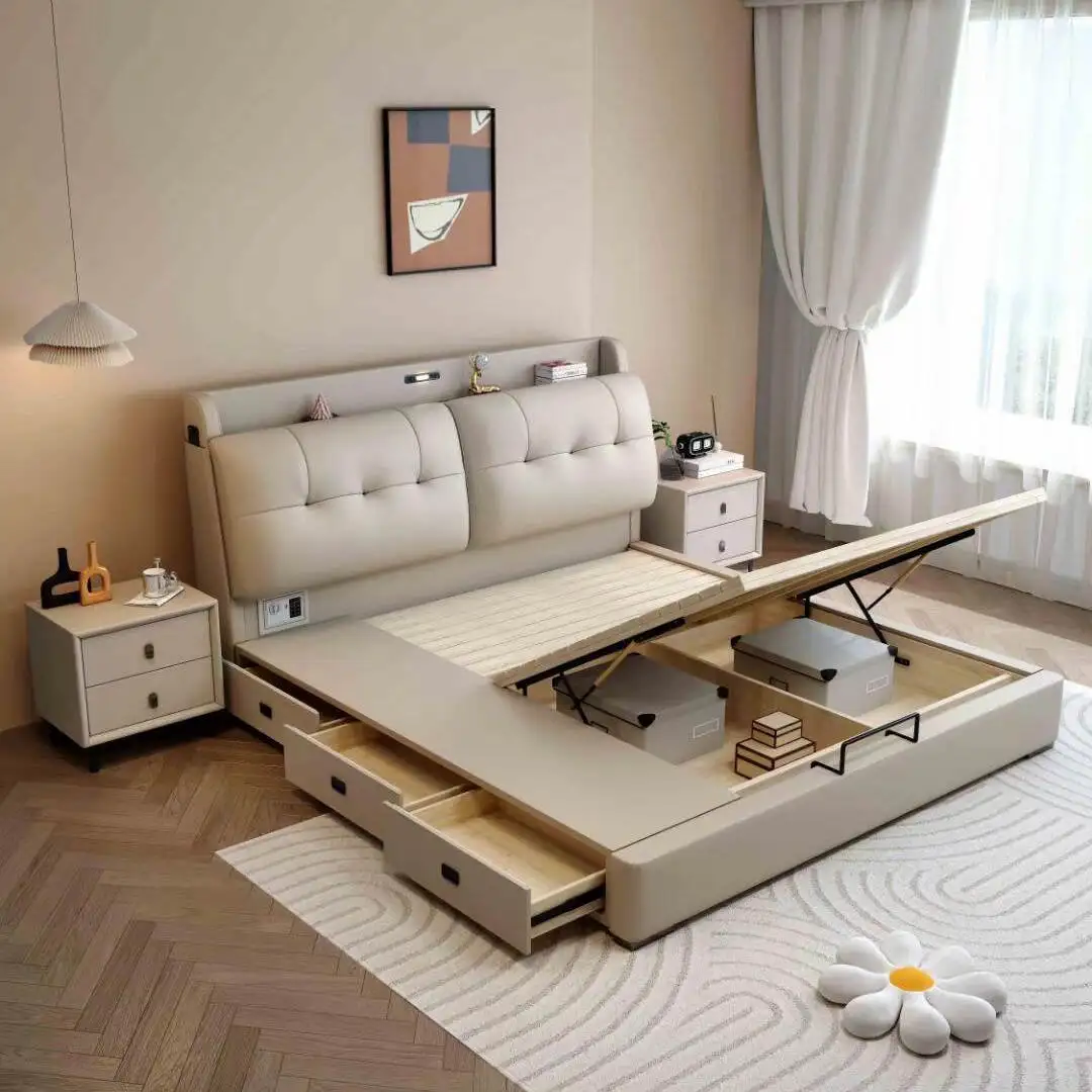 Modern Minimalist Double Bed Master Bedroom Queen Bed Small Unit High Box Storage Soft