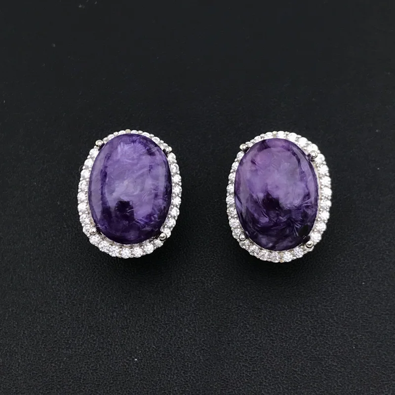 CSJ Genuine Natural Seraphinite Earrings Sterling 925 Silver Charoite Gemstone Oval12*16mm for Women Birthday Party Jewelry Gift