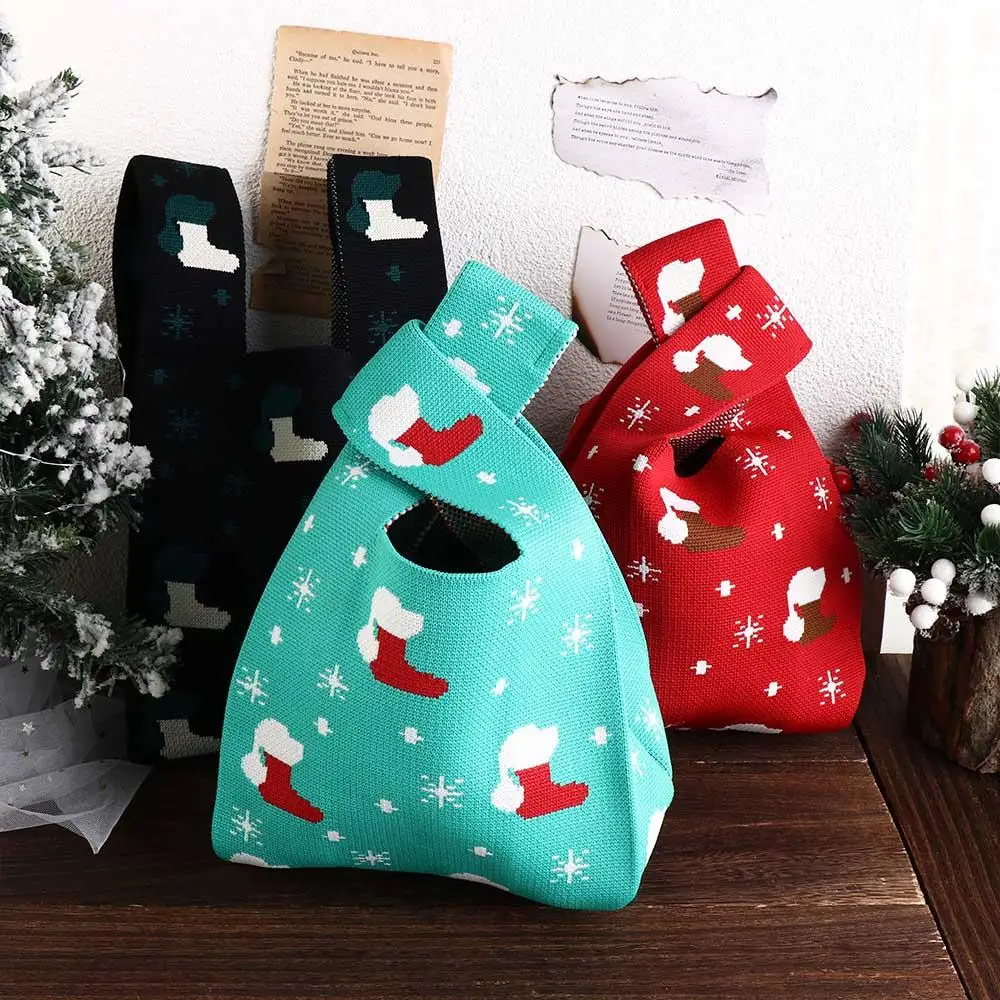 Portable Christmas Knot Wrist Bag Wool Bucket Bag Weave Knitted Bag Handbag Shopping Bags Tote Bag Girl