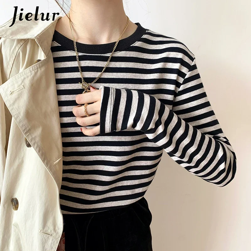 Jielur Green Blue Black Striped Long Sleeve T shirt Women Cotton Top Female Basic Bottoming Shirt Autumn T-shirts Gloves S-XL