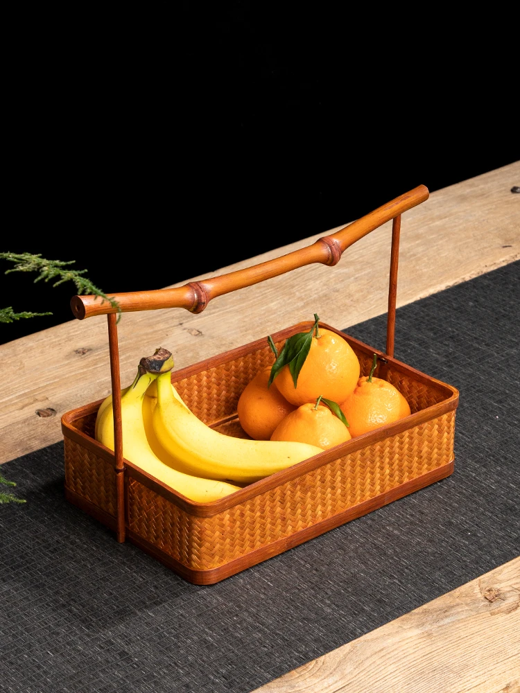 

Handmade Bamboo Cabas Ancient Chinese Style Paint Hand-held Box, Tea Set Storage Basket, Household Fruit Pastry Basket