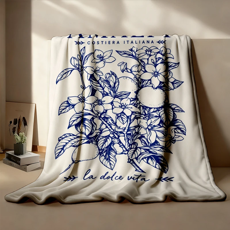 Amalfi Lemon Botanical Flannel Blanket Doodle Floral Coastal Amalfi Coast Flannel Throw Italian Mediterranean Cozy