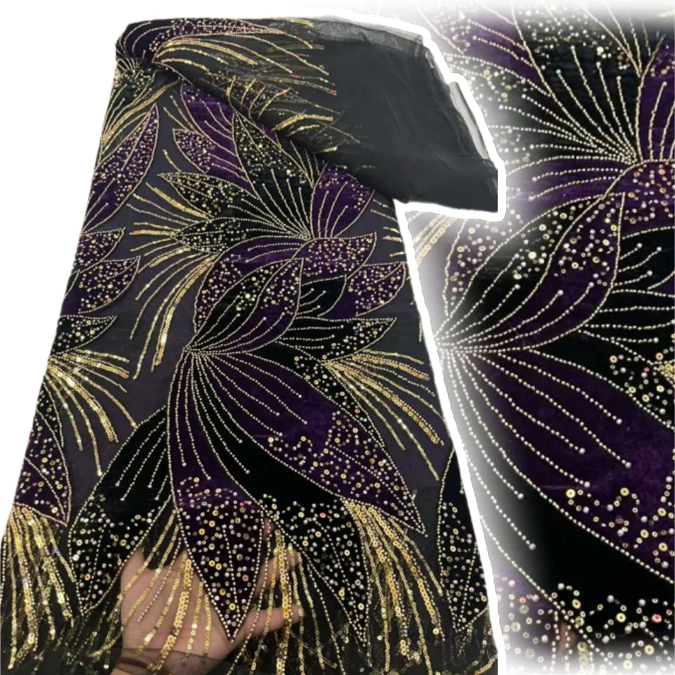 Afrikaanse fluwelen kantstof 2025, hoge kwaliteit met kralen en paillettenborduurwerk Franse Nigeriaanse kantstof voor bruiloft AH1440