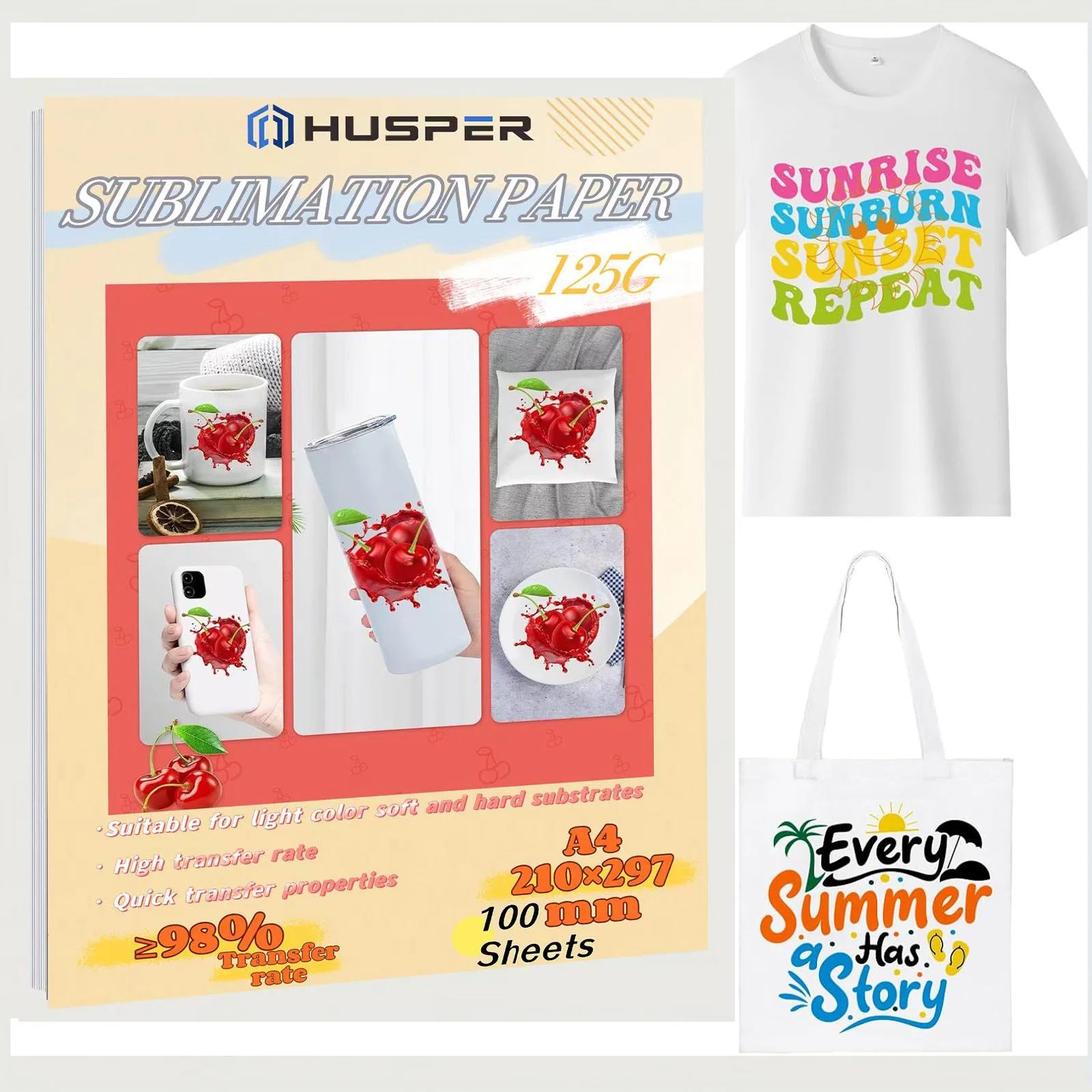 HUSPER 125G  A4 100 Sheets Sublimation Paper Heat Transfer Paper Inkjet Printer With Sublimation Ink For Mug T-Shirt