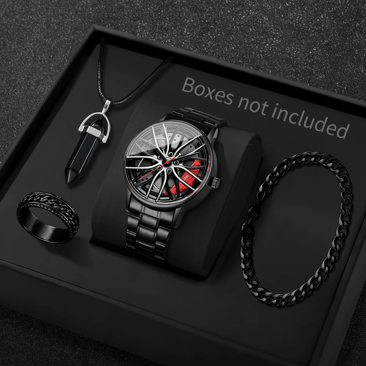 

Набор из 4 предметов: модные мужские спортивные часы с 3D-дисплеем в виде автомобильного колеса, роскошные кварцевые часы из нержавеющей стали, ювелирный набор (без коробки)