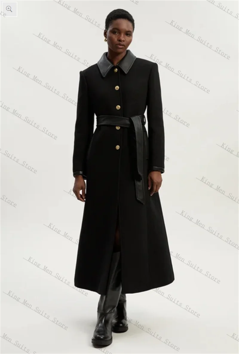 

Cashmere PU Leather Women Suit 1 Piece Long Blazer Belted Prom Dress Customized Formal Office Lady Jacket Wedding Black Overcoat