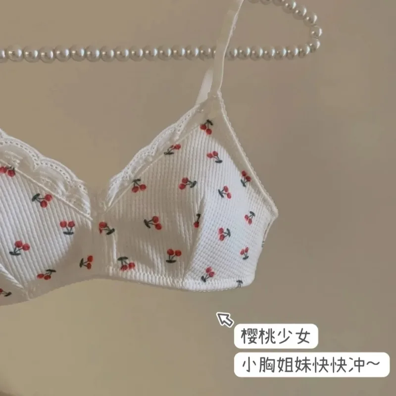 Korean Simple Lace Cherry Print Seamless Girl\'s Bra Cute Gathered Thin Breathable Bra Wire Free Elastic Comfortable Bra Lingerie